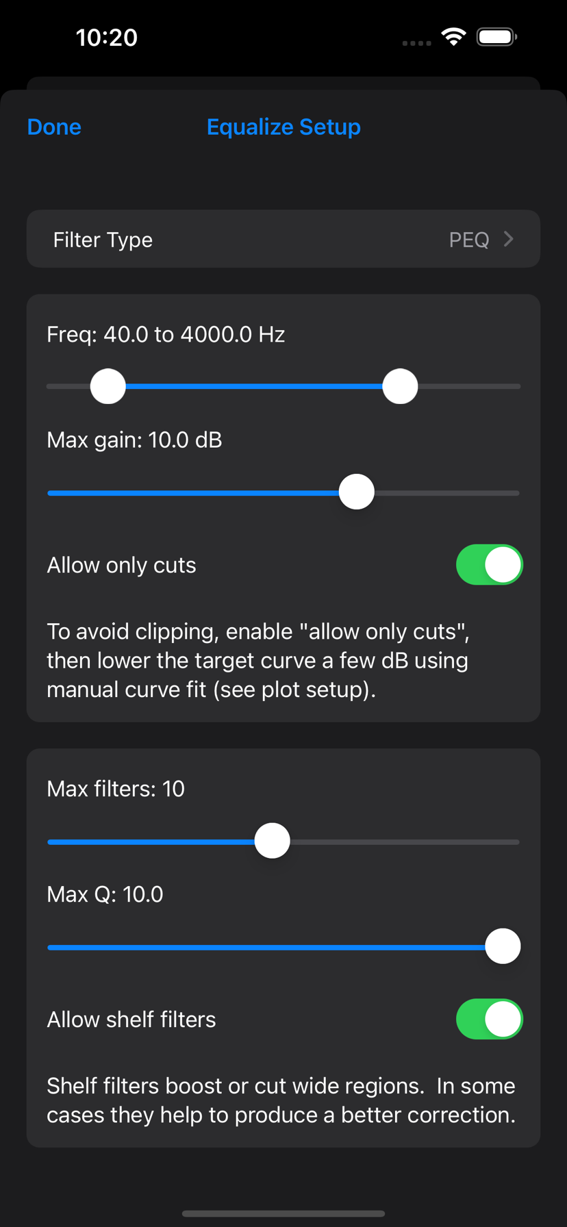Equalize setup screen